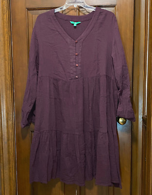 Dip Peasant Style 100% Cotton Burgundy Size 2X Free Flowing Knee Length Dress-image