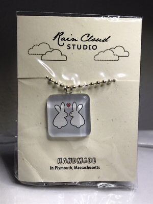 Vintage Rain Cloud Studio Glass Tile Love Bunny Pendant Necklace 18” Silvertone-image