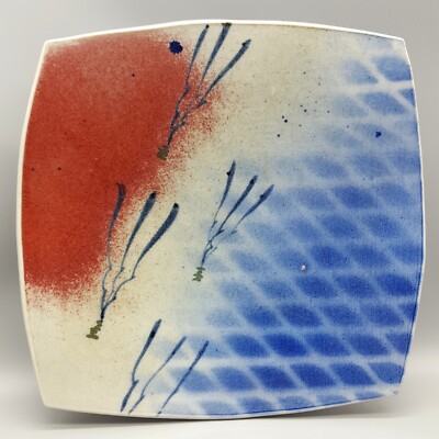 Signed Davis Oriental Ikebana Footed Square Plate / Platform, Studio Art Pottery-image