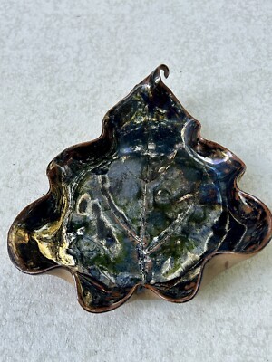 Studio Art Pottery Real Leaf Impression Trinket Dish Plate 70's Vintage Signed-image