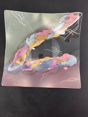 Studio Art Glass Handkerchief Napkin Dish Pink Blue Gold Mid-Century 9.5x10