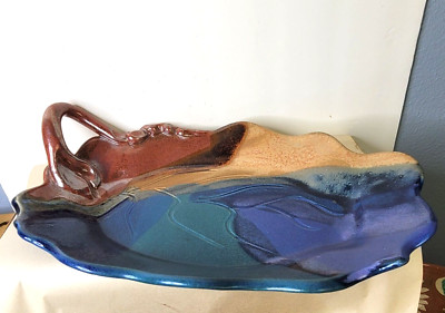 Studio Pottery Signed Oval Leaf Shaped  Console Bowl 15 inchess-image