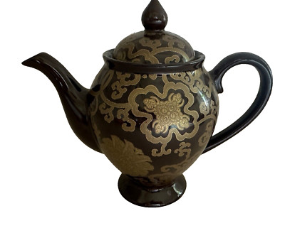 New Pottery Barn Chinoise Tea Pot Large Brown Gold-image
