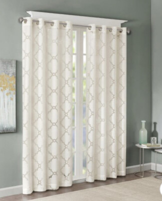 Madison Park Zoe Fretwork Burnout Sheer Curtain ,White 50x84 Single Panel-image