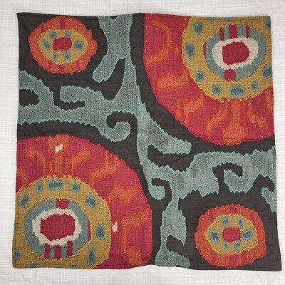 Pottery Barn Throw Pillow Shams Set of 2 Linen Beaded Appliqué 24x24 Multicolor-image