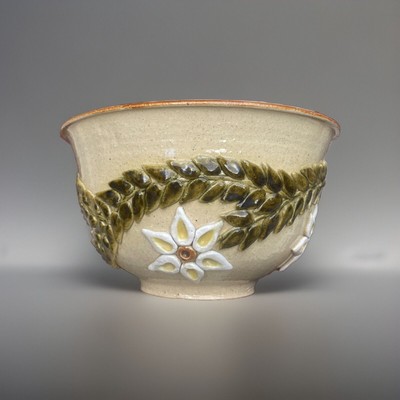 Vintage Ceramic Studio Art Pottery Bowl with Embellishments Glazed Beige Tone-image