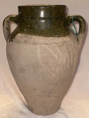 Large Vintage Terracotta Clay Pot Dipped in Olive Green Glaze-image