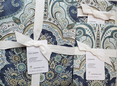 POTTERY BARN JORDANA PAISLEY Percale FULL/QUEEN Duvet & 2 STANDARD Shams ~ BLUE-image