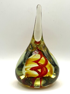 VTG Studio Art Glass Waterdrop Shaped Handblown Paperweight Abstract Red Spiral-image
