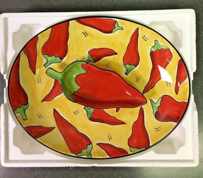 Clay Art CHILI FIESTA Chip Platter & Dip Bowl 2 Piece Set HAND PAINTED-image