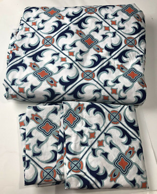 Pottery Barn Full/Queen Duvet Cover 2 Standard Shams French Country Navy Orange-image