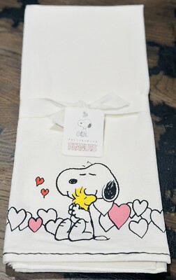 2 SET Pottery Barn PEANUTS Hearts Cotton TEA TOWEL Valentine Day SNOOPY Kitchen-image