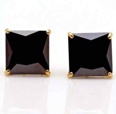 Solid 14K Yellow Gold Basket Set Black CZ Princess Cut Stud Push Back Earrings-image
