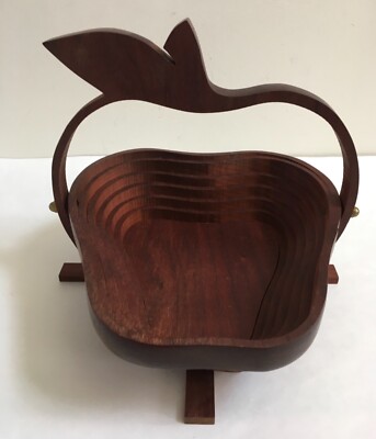 Deep Spring Studio Signed Hand Crafted Collapsible Apple Shaped Wooden Basket -image