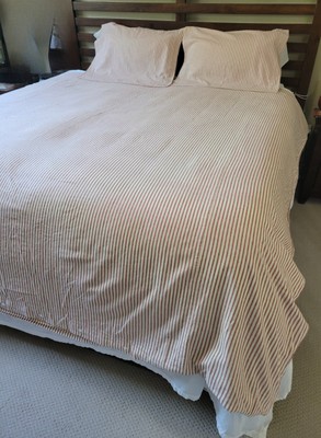 POTTERY BARN Red Ticking Striped Linen Blend QUEEN Duvet+2 STD Pillow Shams MINT-image
