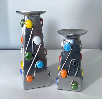 2 T.J. ReneE Multicolored Cabochon Glass Gem & Silver Taper Candle Holders-image