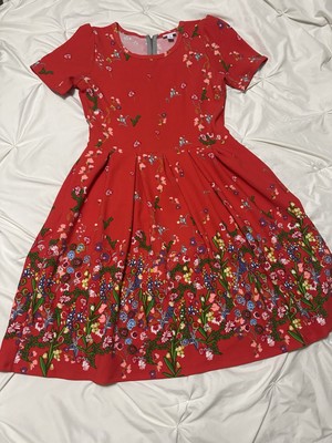 Lularoe Amelia Dress W Pockets Red Floral Dipped EUC-image