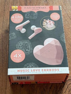 NEW “Music Love” Pink Wireless EarBuds Earphone Heart Shaped Case FAO Schwarz-image
