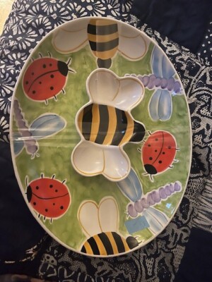 Clay Art Garden Buzz Huge Platter Tray with Bee Dip Dish Insect Theme Colorful-image