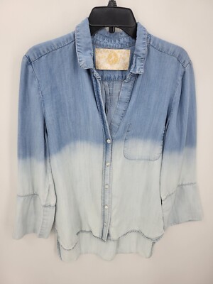 Bella Dahl Top Womens Large Blue Chambray Dip Dye Long Sleeve Boho Popover-image