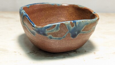 Signed Studio Art Pottery Square Small Bowl Drip Blue Brown Hand thrown -image