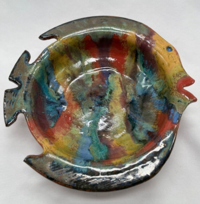 Colorful Studio Art Pottery Fish Shaped Bowl Hand Painted Artist Signed Unique-image