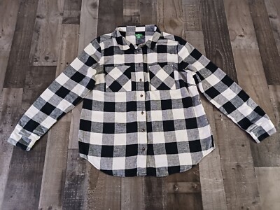Dip Womens Large Button Up Shirt Black White Plaid Button Up New! Long Sleeve -image