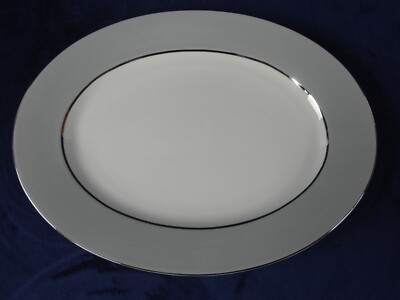 Castleton China Lyric Pattern Grey Platinum Trim Oval Serving Platter 15
