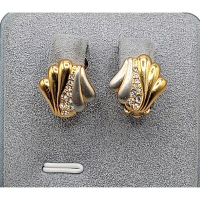 Yves Saint Laurent Clip-on Earrings Gold Plated Shell Shaped Swarovski Crystals-image