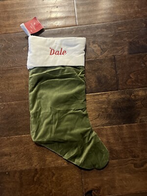 New Pottery Barn Classic Med Green Ivory Velvet Christmas Stocking Mono Dale-image