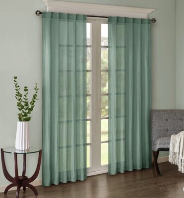 Set of 2 Madison Park AVERY Solid Crushed Sheer Window Curtain Panels Aqua 84x63-image