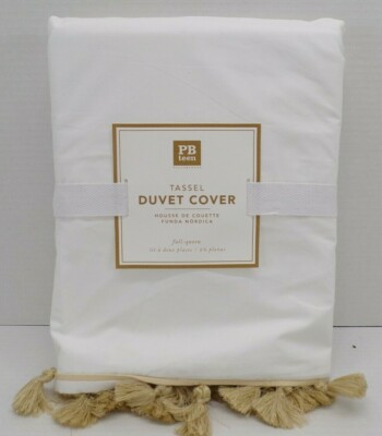 Pottery Barn Teen Tassel Pure Cotton Duvet Cover Full Queen White Gold #41H-image