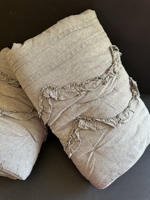 2 Pottery Barn Emily & Meritt Scallop Ruffle Chambray Gray EURO Pillow Sham Pair-image