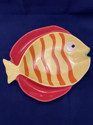 Summer Living Large Red Ceramic Fish Shaped Chip And Dip Serving Plate Platter-image