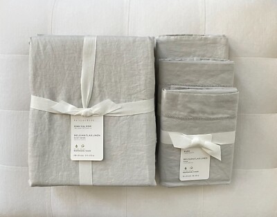 Pottery Barn BELGIAN FLAX LINEN Duvet Cover King & 3 Euro Shams Soft Gray NWT-image