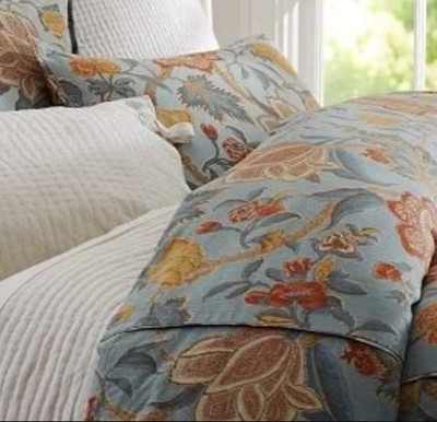Pottery Barn EEUC Set Cynthia Palampore Blue TWIN Duvet Cover, Sham Floral Linen-image