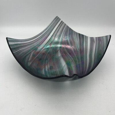 Studio Art Glass Square Iridescent Handkerchief Bowl ~7” Signed ‘04 Blue Black-image