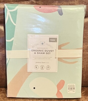 NEW Pottery Barn Kids Picture Perfect Mermaid Twin Duvet Cover & Sham Set, Aqua-image