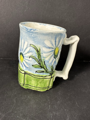Vintage Handmade Studio Art Pottery Mug Square Summer Spring Daisies-image