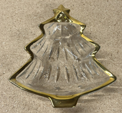 Christmas Tree Shaped Crystal Gold Trim Candy Dish Vintage Studio Nova-image