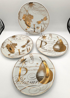 Pottery Barn Salad Dessert Plates Bone China Poetry Gold Trimmed 8.5
