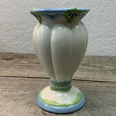 Vintage Studio Art Pottery Urn Shape Vase Hand-painted Cream Blue Green 5” Tall-image