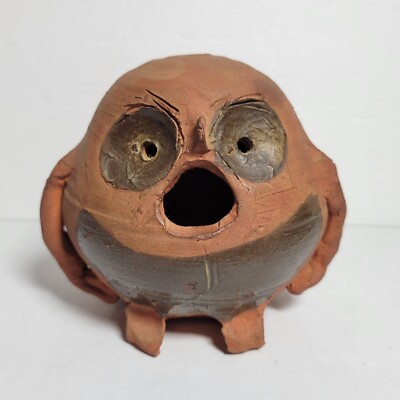 Vtg Red Clay Studio Art Pottery Angry Owl Coin Bank 4.5