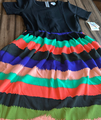 Lularoe Amelia Pleated Dress Black Ombré Dip Rainbow 🌈 Stripe 14/16 Large 12/14-image