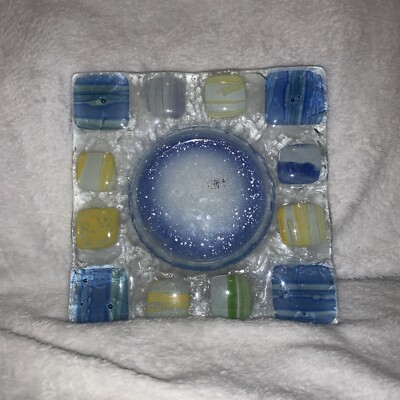 L'Oiseau De Bois Atelier De Verre Dish Blue Yellow White Square Studio Glass-image