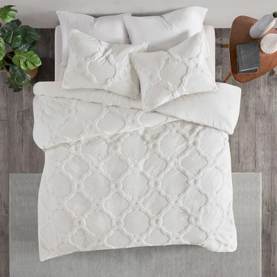 Madison Park Comforter Set Chenille Cotton Tufted Shedding, White, Full/Queen-image