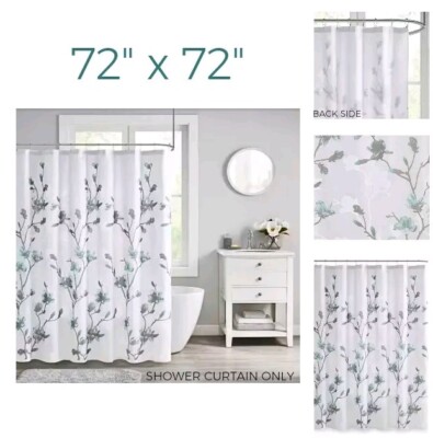 Madison Park Shower Curtain w/ Liner Anise Floral Print Burnout 72x72 White Aqua-image