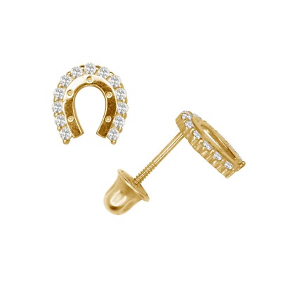 14K  Yellow & White Gold Horseshoe Shaped CZ Stud Earrings for Women-image