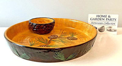 HOME & GARDEN PARTY Northwoods Stoneware Chip Dip Rustic Serving Tray Pinecones-image