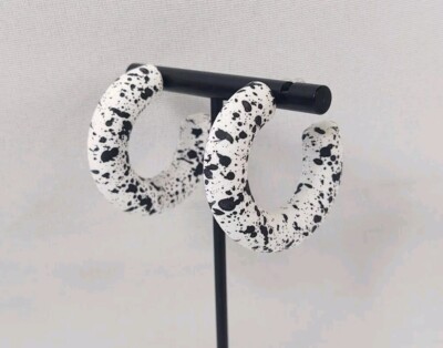 Post Pierced Earrings C Shaped Hoops Black And White Paint Splatter Jewelry -image